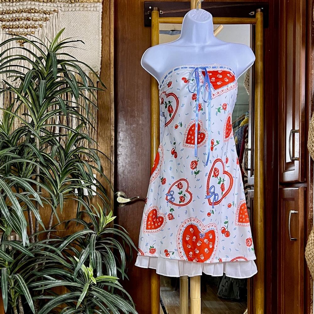 For Love & Lemons Daisy Mae Mini Dress S Strapless Heart Cherry Print Lace NWT